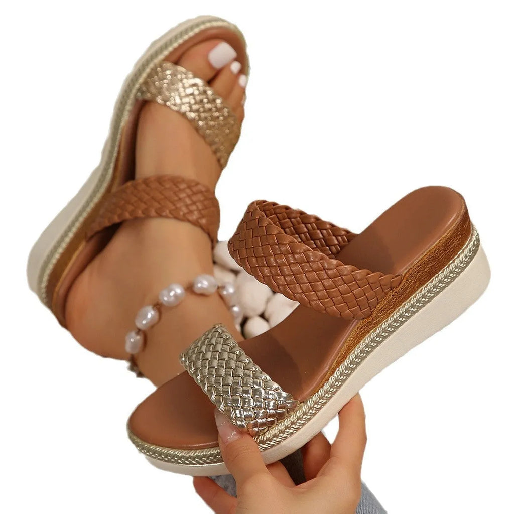 Women's gold plus size wedge sandals with adjustable strap and rubber wedge sole