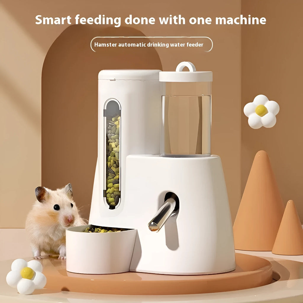 White, blue, and pink hamster automatic drinking water feeder and food basin in large and small sizes.