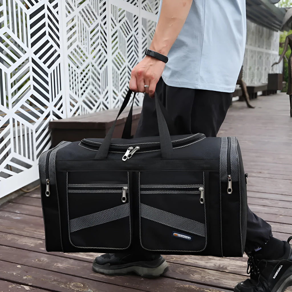 Foldable large capacity tote travel bag in Oxford cloth with zipper opening and soft handle, available in blue, grey, khaki, red
