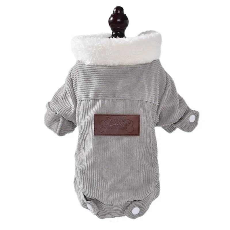 Grey lambswool winter vest for a dog, showing the wool lining and simple vest design.