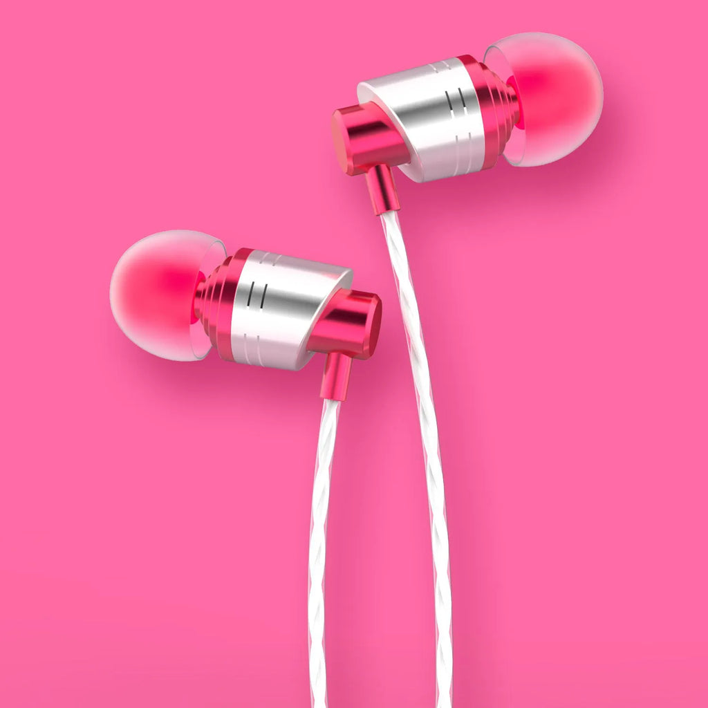 Black wired in-ear headphones with 3.5mm plug, microphone on cable, and silicone ear tips.