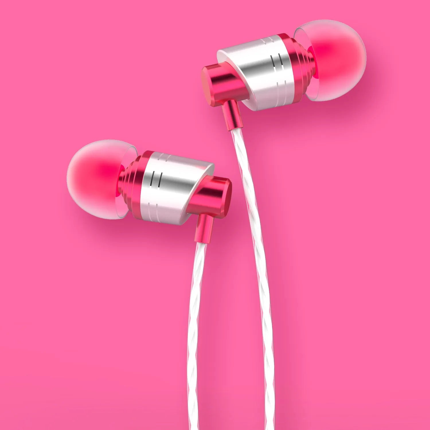 Black wired in-ear headphones with 3.5mm plug, microphone on cable, and silicone ear tips.