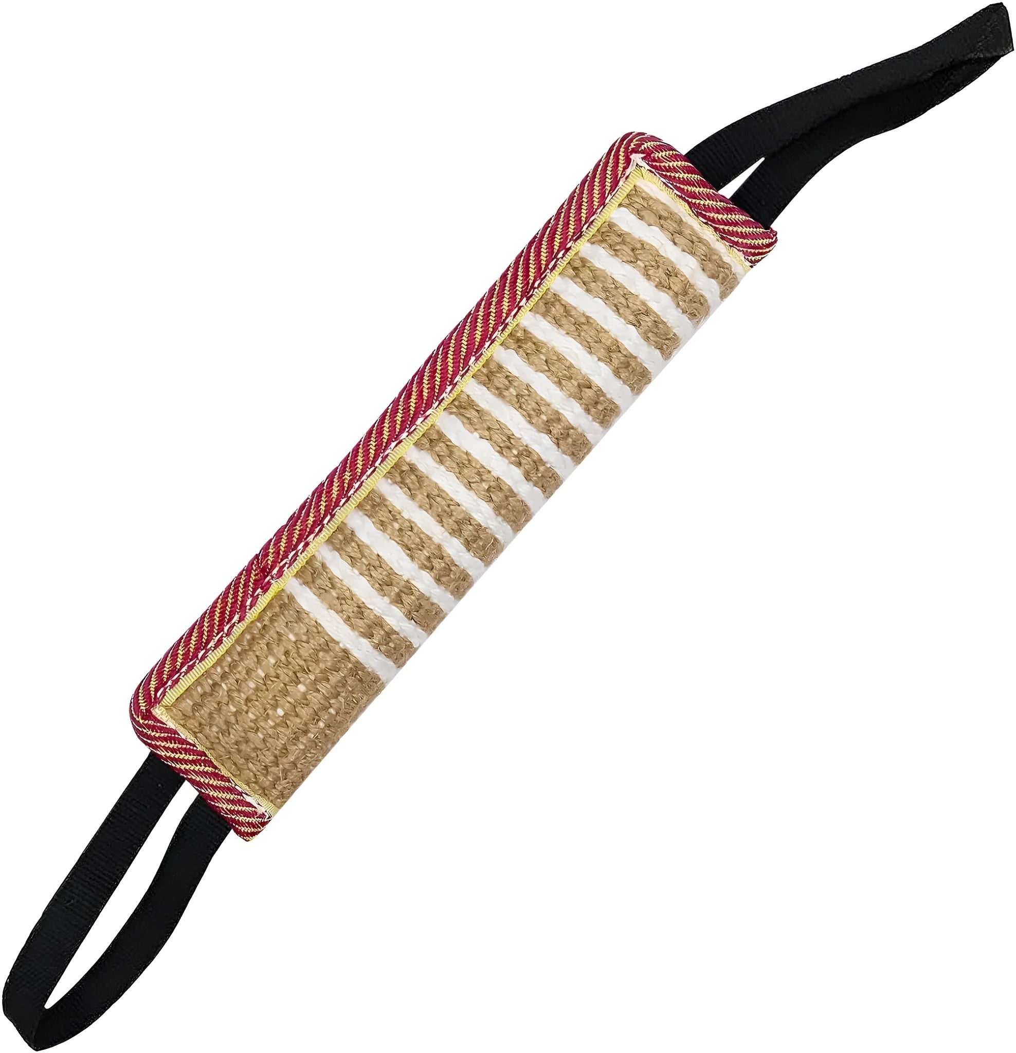 Beige and pink jute dog tug toy with two fabric handles on a grey background.