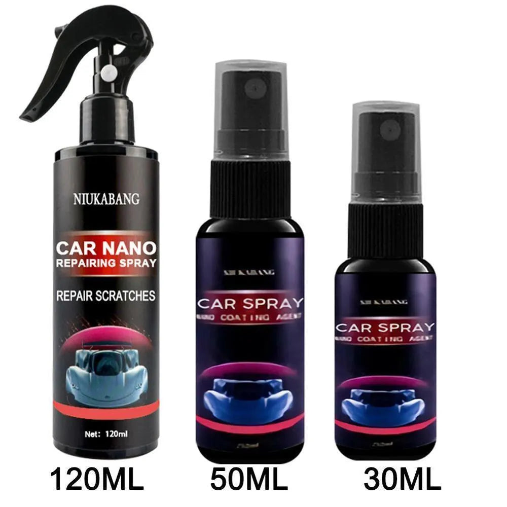 Nano car repairing spray bottle in 30ml, 50ml, 100ml, or 120ml size for light scratch and swirl removal on car paint.