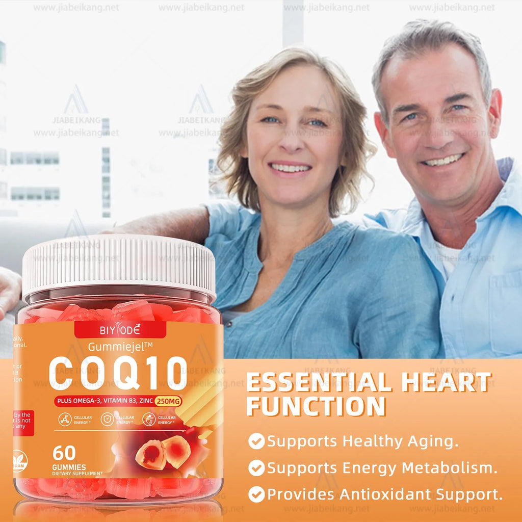 Bottle of 60 zinc CoQ10 omega-3 vitamin B3 gummies for adult heart blood health and immune support