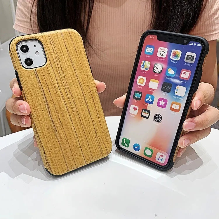 Slim wooden iPhone back cover in genuine bamboo or rosewood, showing natural grain, compatible with iPhone 11 Pro.