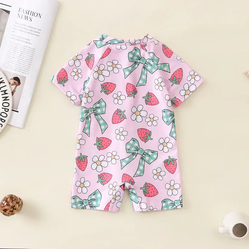 Bowknot girls' one-piece swimsuit in polyester with full cherry flower print for babies