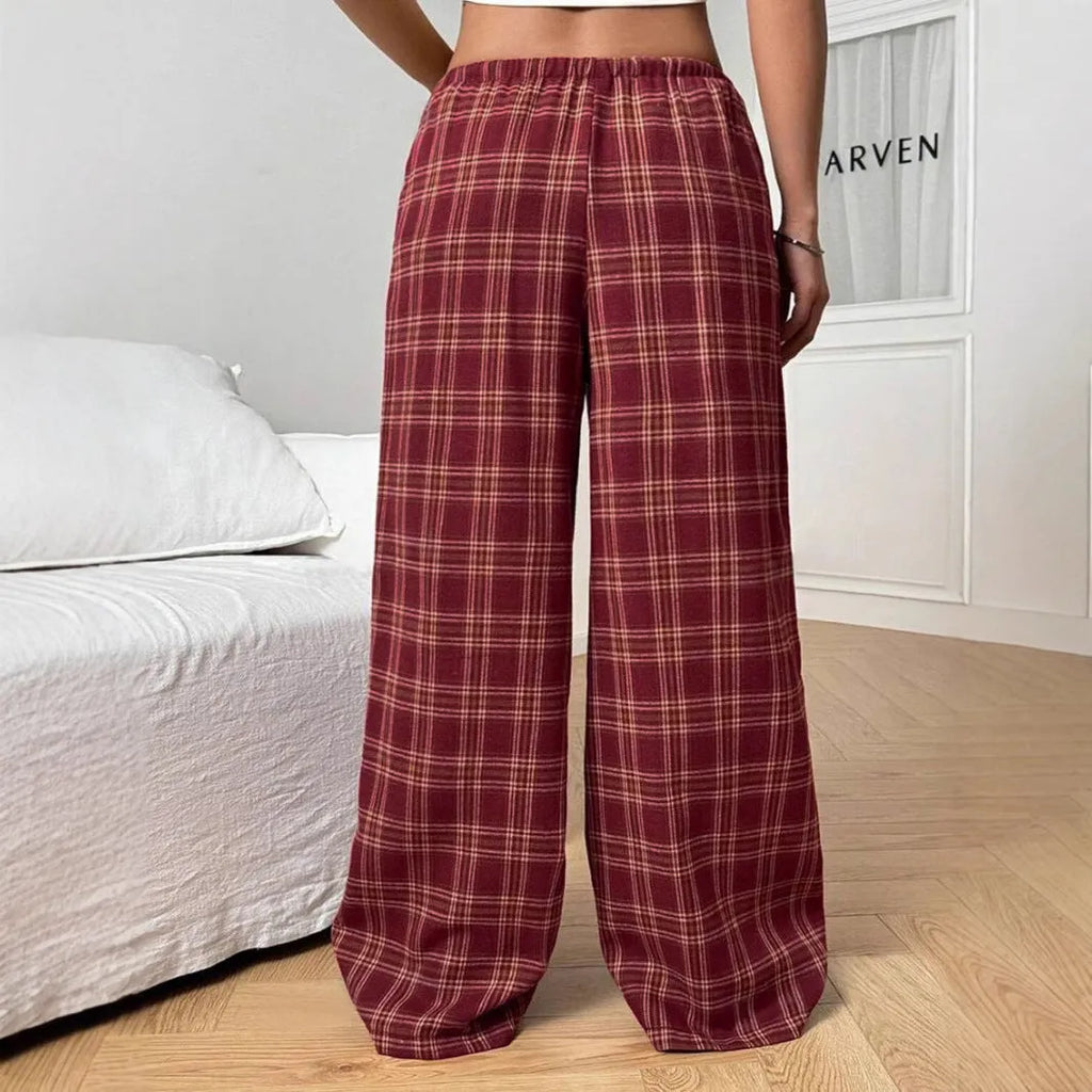 Women's blue plaid pocket casual trousers with drawstring waist and loose fit