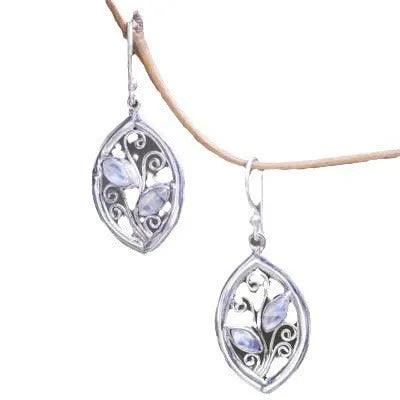 Silver leaves design earrings with embedded colourful moonstone gemstone for women