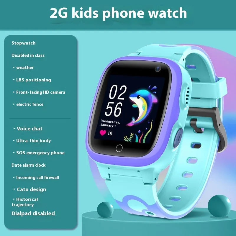 Children's smart positioning watch with 1.44 screen, waterproof silicone ABS strap, touch button, pink or blue.