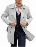 Men's double breasted mid length polyester coat in black, brown, and light gray, sizes M to 2XL