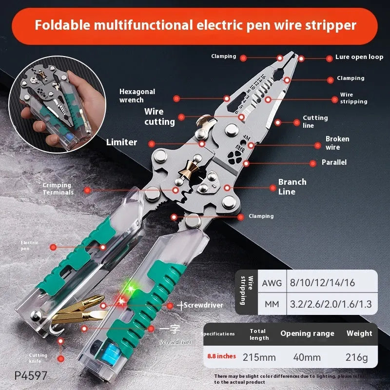 Thickened steel electrician's pointed pliers with integrated wire stripping function, 215mm or 225mm length.