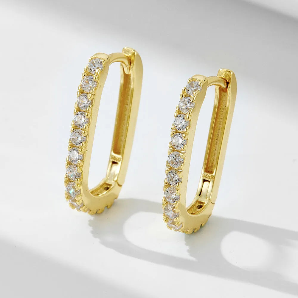 S925 sterling silver oval zircon ear clips in geometric designs with white or yellow finish