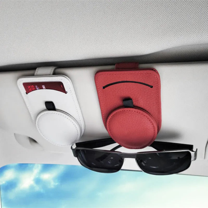Car glasses holder sun visor clip 11x7cm in synthetic resin and leather for sunglasses and cards