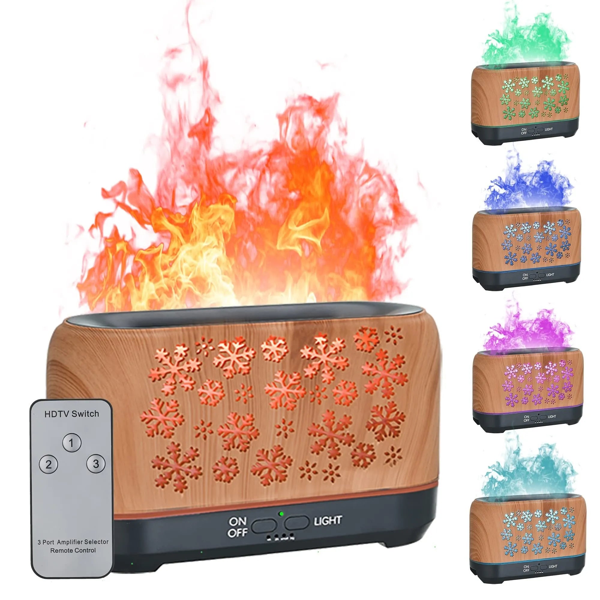 Square snowflake wood grain aromatherapy humidifier with colourful LED flame effect and remote control