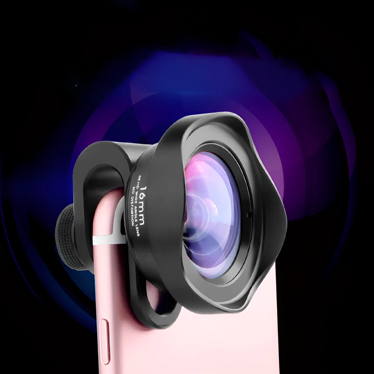 16mm wide angle external phone lens with aluminium clip, 0.5X magnification, and AR coating