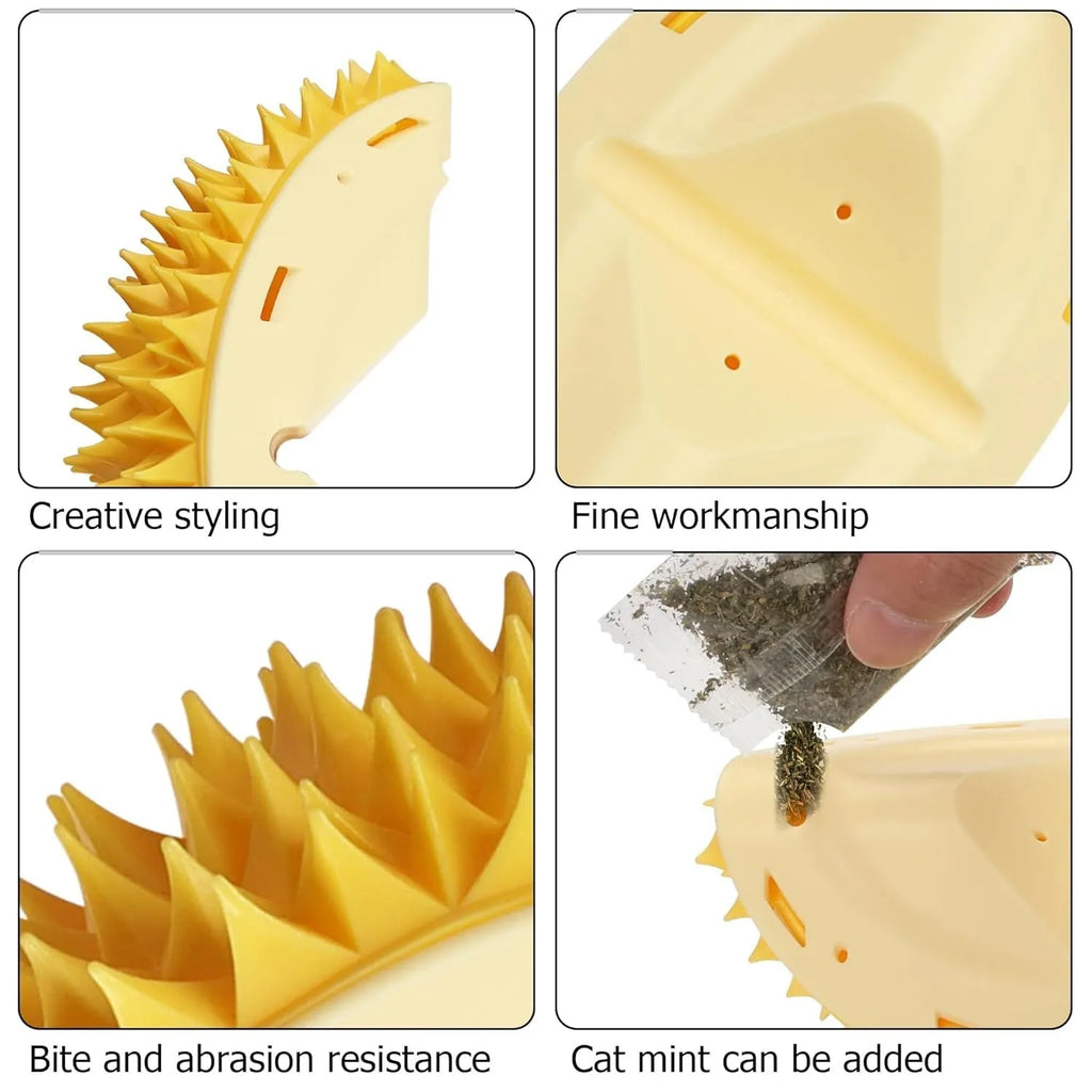 Yellow durian-shaped cat corner scratcher and grooming comb mounted on a wall corner.