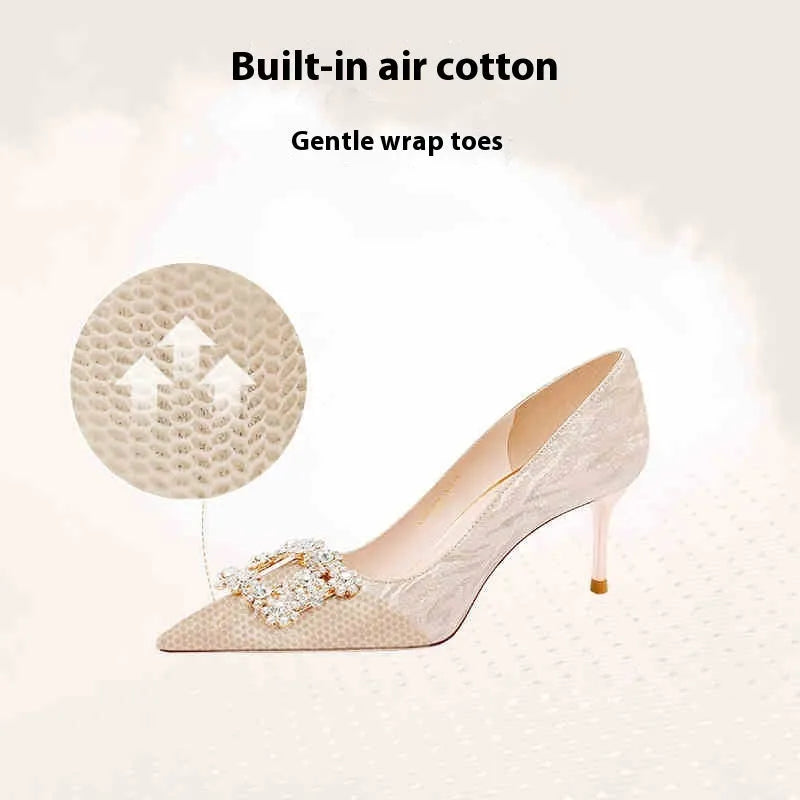 Champagne gold women's pointed toe high heels with rhinestone detail and stiletto heel.