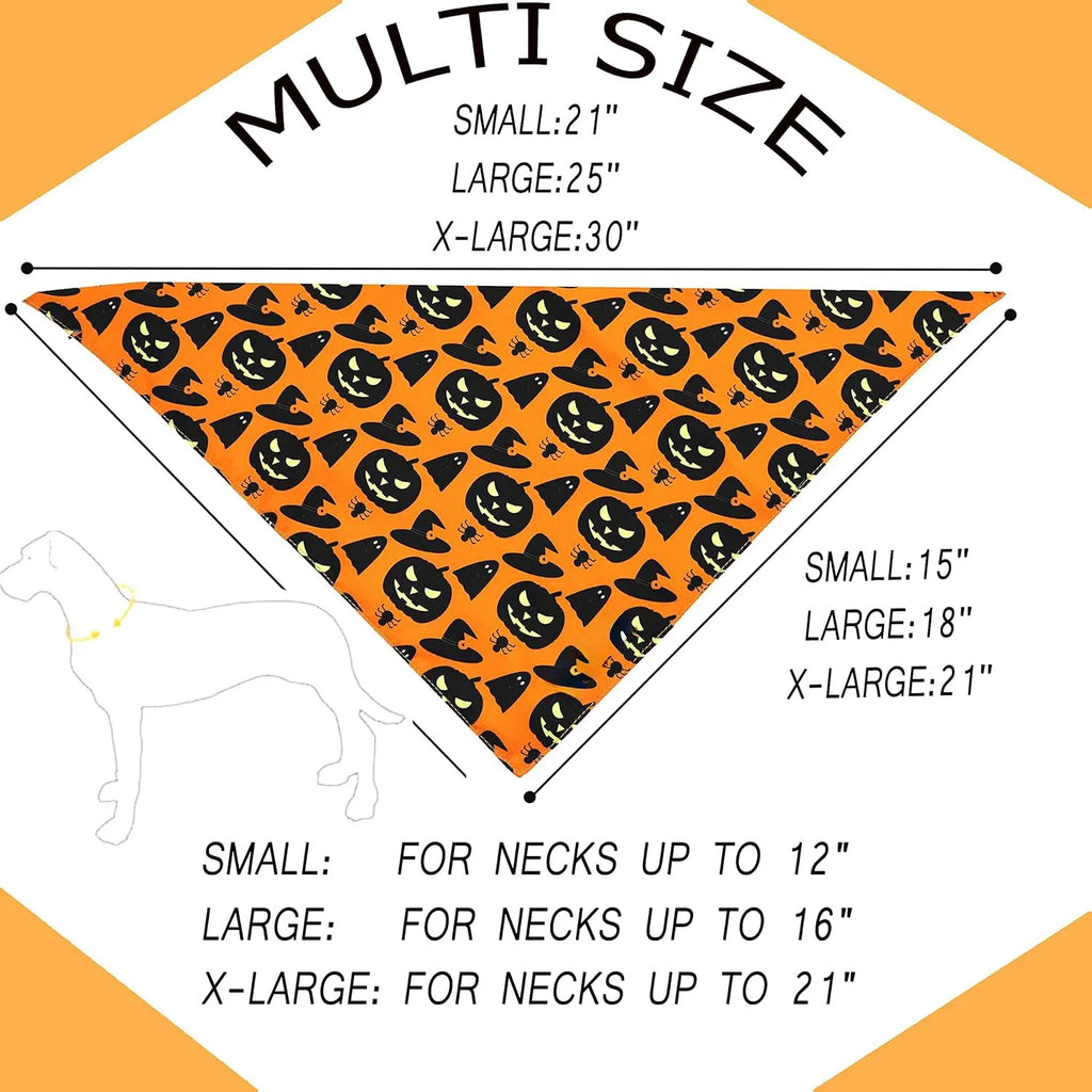 Reversible Halloween dog bandana with pumpkin and spider web patterns in black and orange