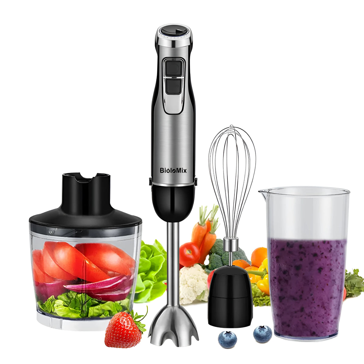 Biolomix 4-in-1 hand blender with stainless steel shaft, whisk, chopper bowl, and blending beaker in black