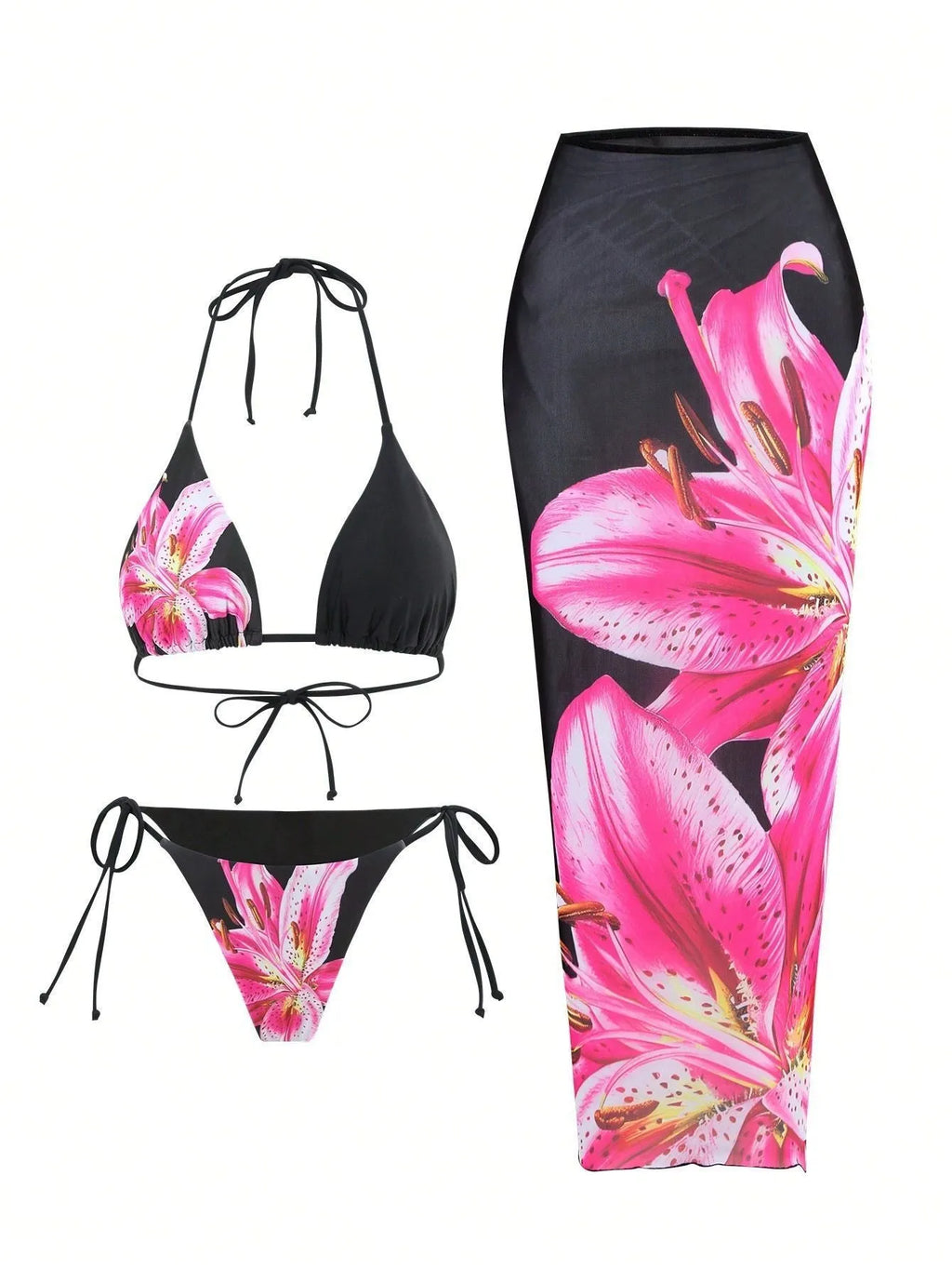 Women's three-piece bikini set with slim wrap skirt in black red flower print, sizes S to L