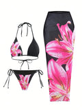 Women's three-piece bikini set with slim wrap skirt in black red flower print, sizes S to L