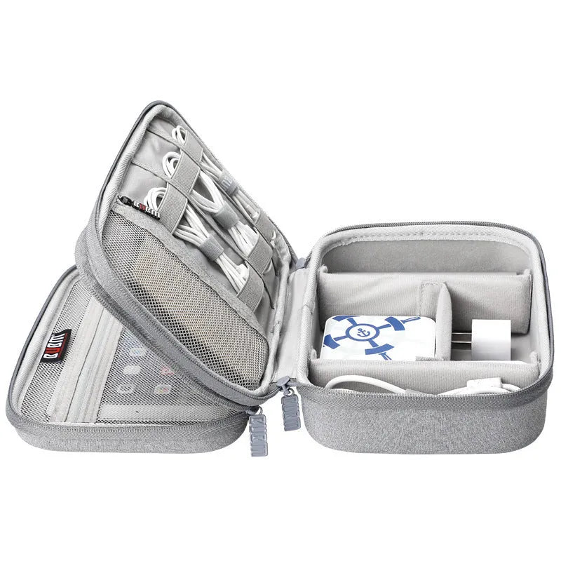 Black and grey EVA digital storage bags for organising headphones and cables, showing single and double layer options.