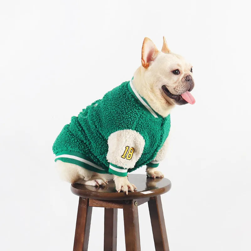 Green fleece-lined cotton dog winter coat showing size options L to 4XL