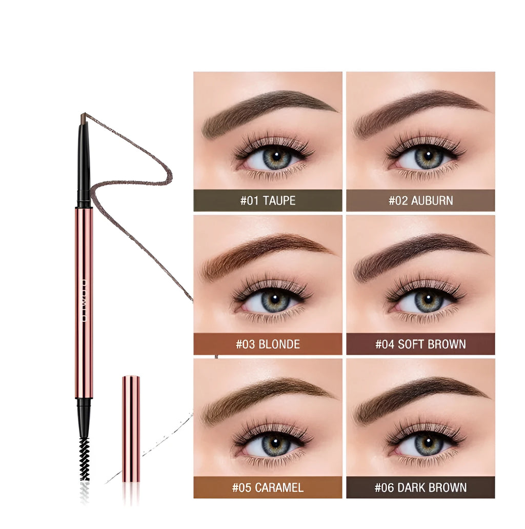 Triangular eyebrow makeup pencil in a colour box with six shade options including Auburn and Blonde.