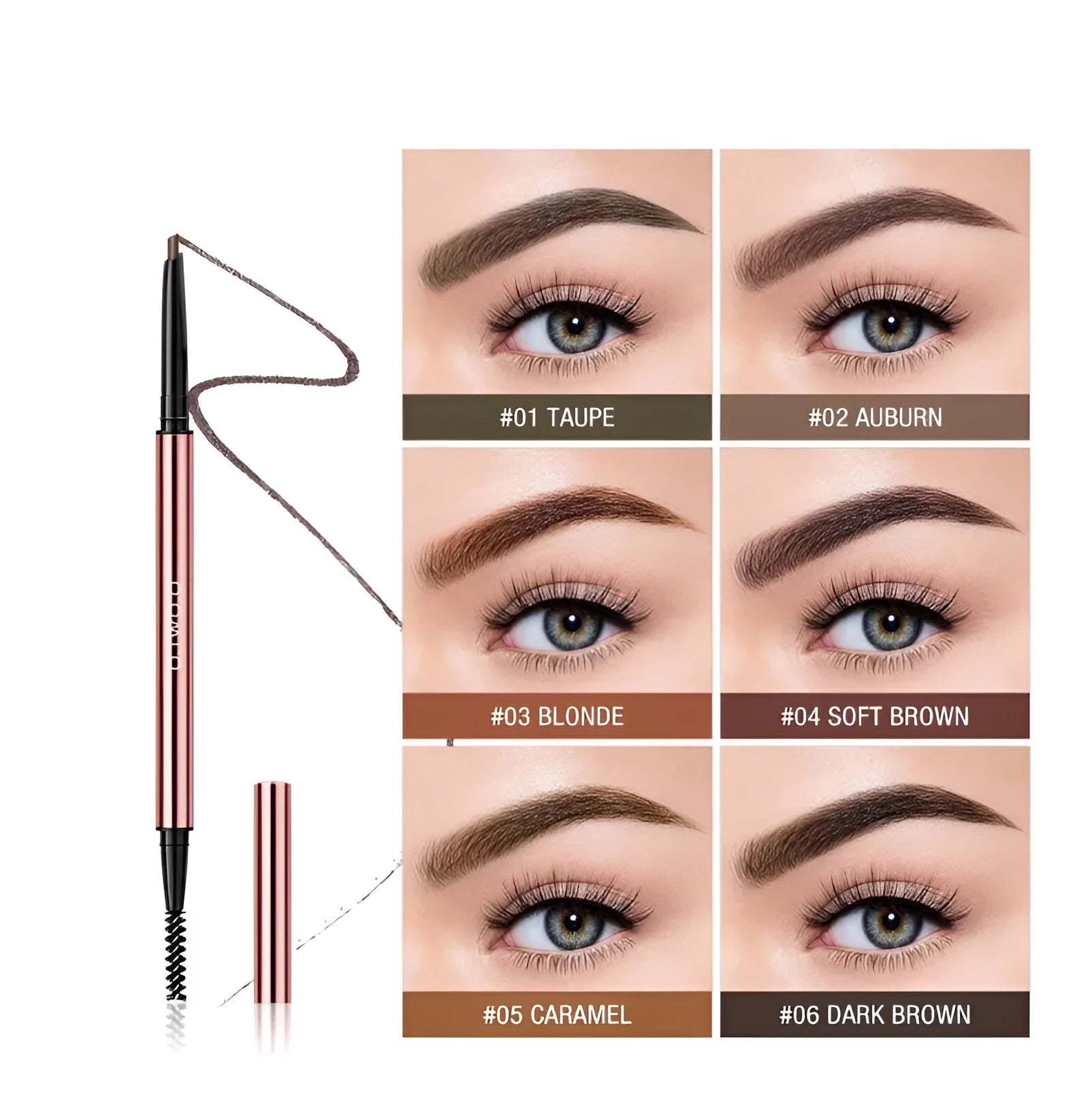 Triangular eyebrow makeup pencil in a colour box with six shade options including Auburn and Blonde.