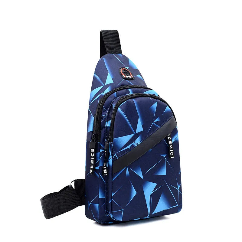 Blue Oxford cloth sling bag with a crossbody strap, earphone hole, and zipper pocket.