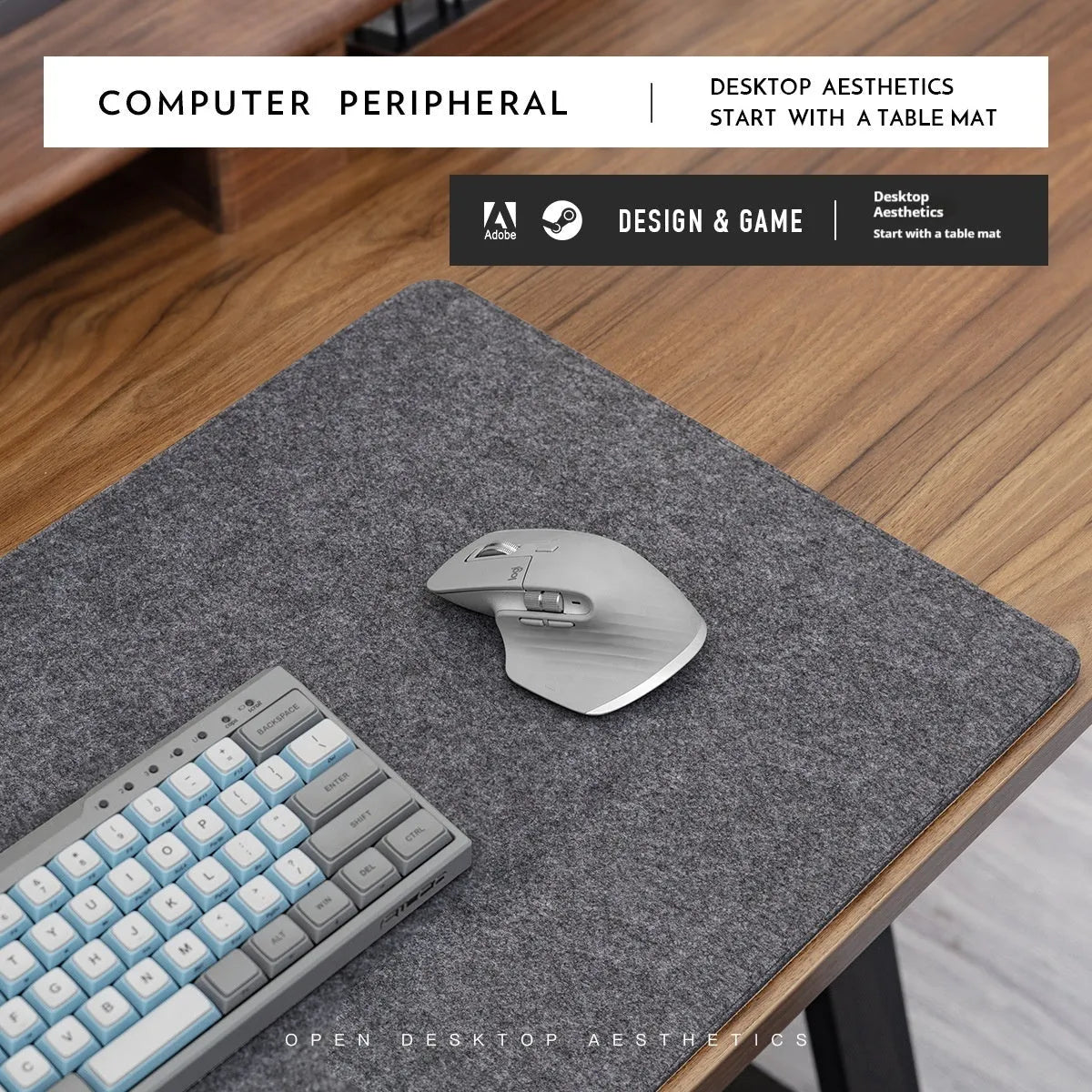 Oversized grey felt and cork desk mat with Japanese style simple design on a wooden desk