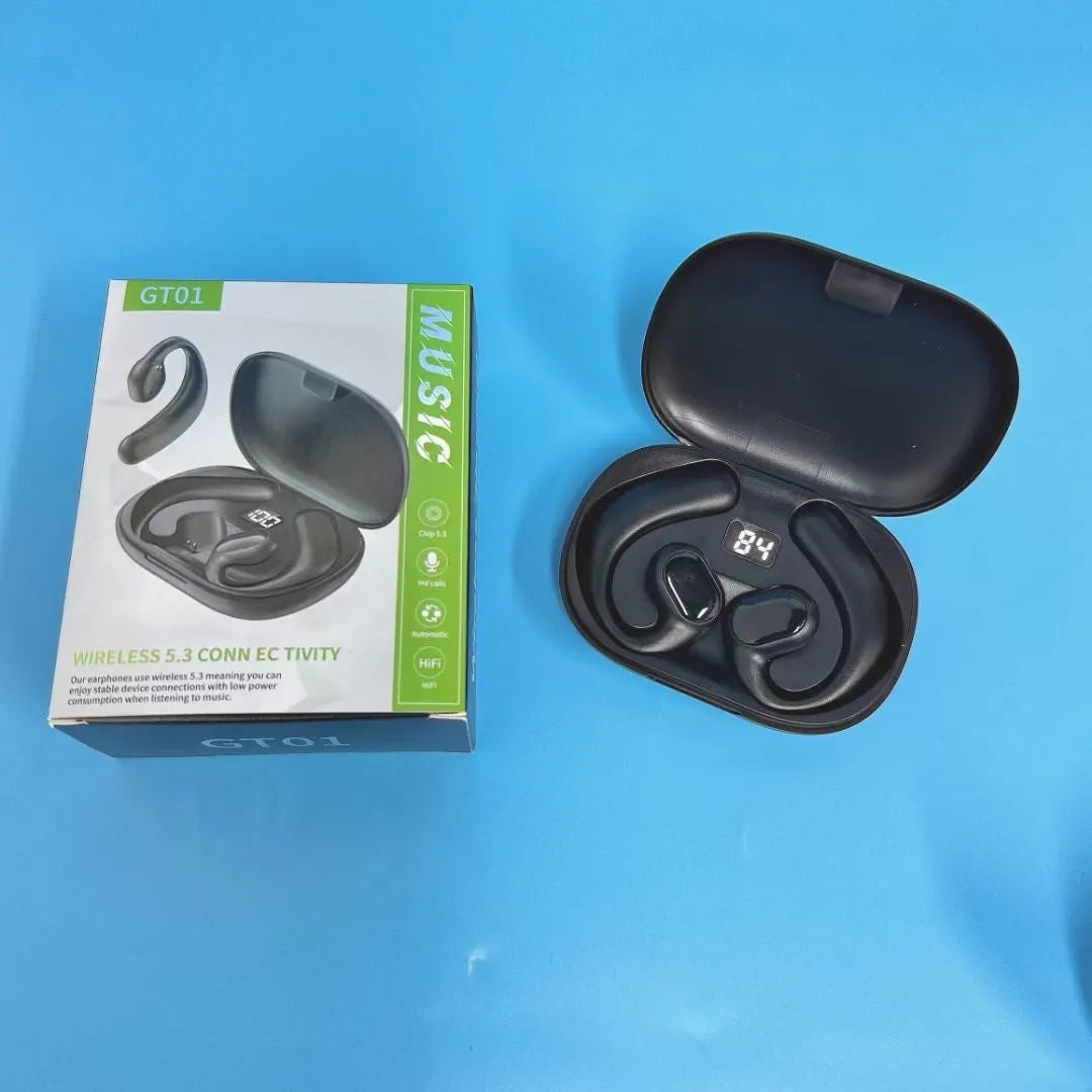Black and white ear-mounted Bluetooth headset with digital display screen on ear