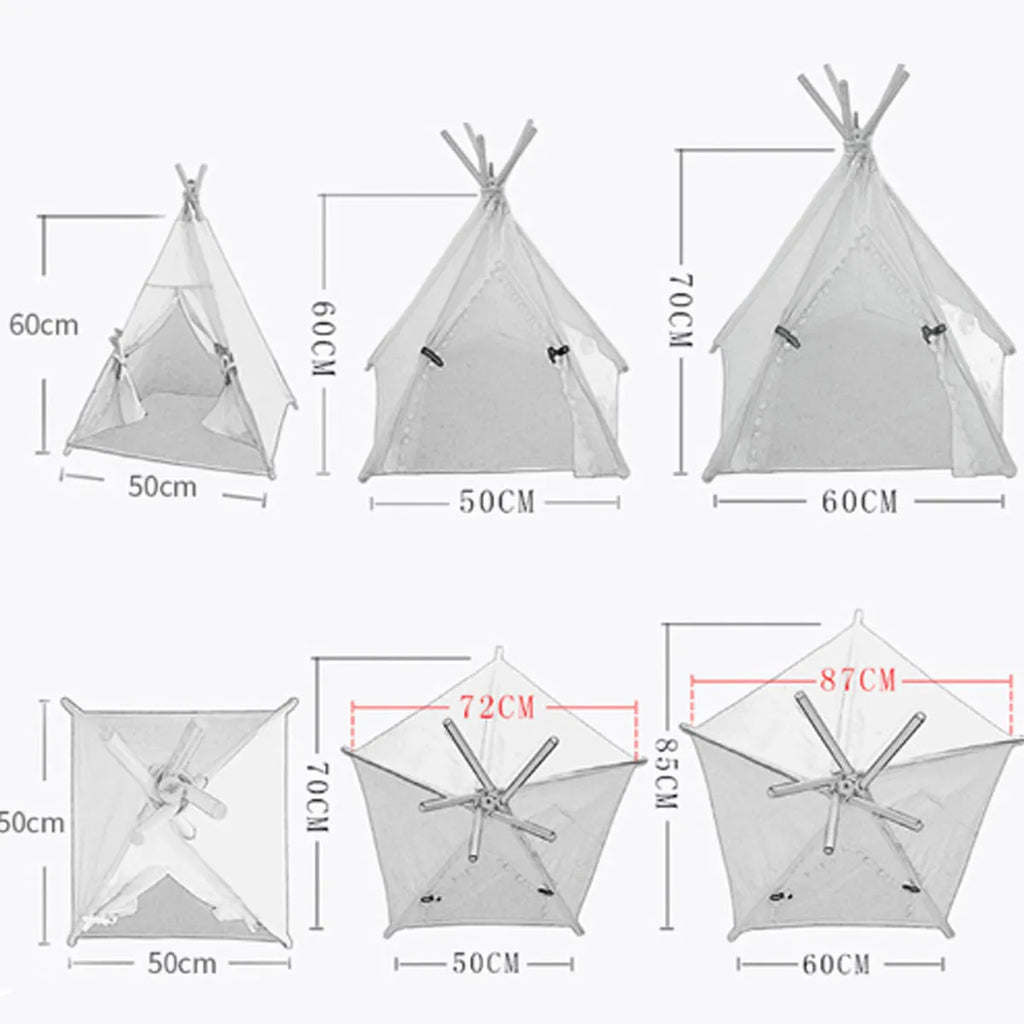 Portable pet teepee tent bed with cushion for small dogs cats rabbits in striped flax linen