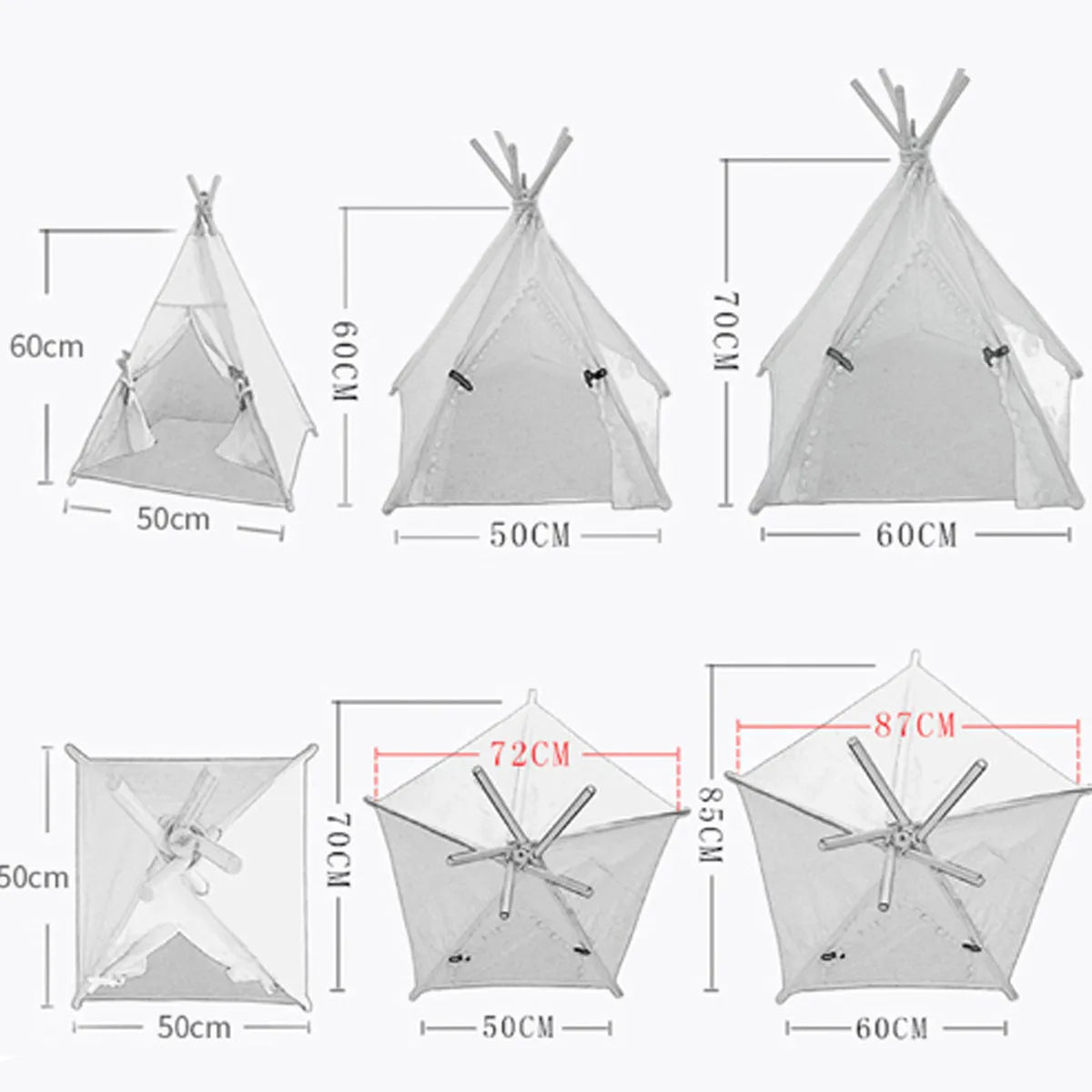 Portable pet teepee tent bed with cushion for small dogs cats rabbits in striped flax linen