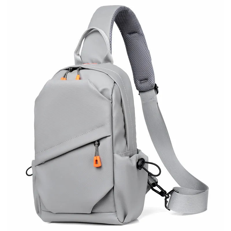 Black and grey mens casual single shoulder crossbody bag made of waterproof polyester.