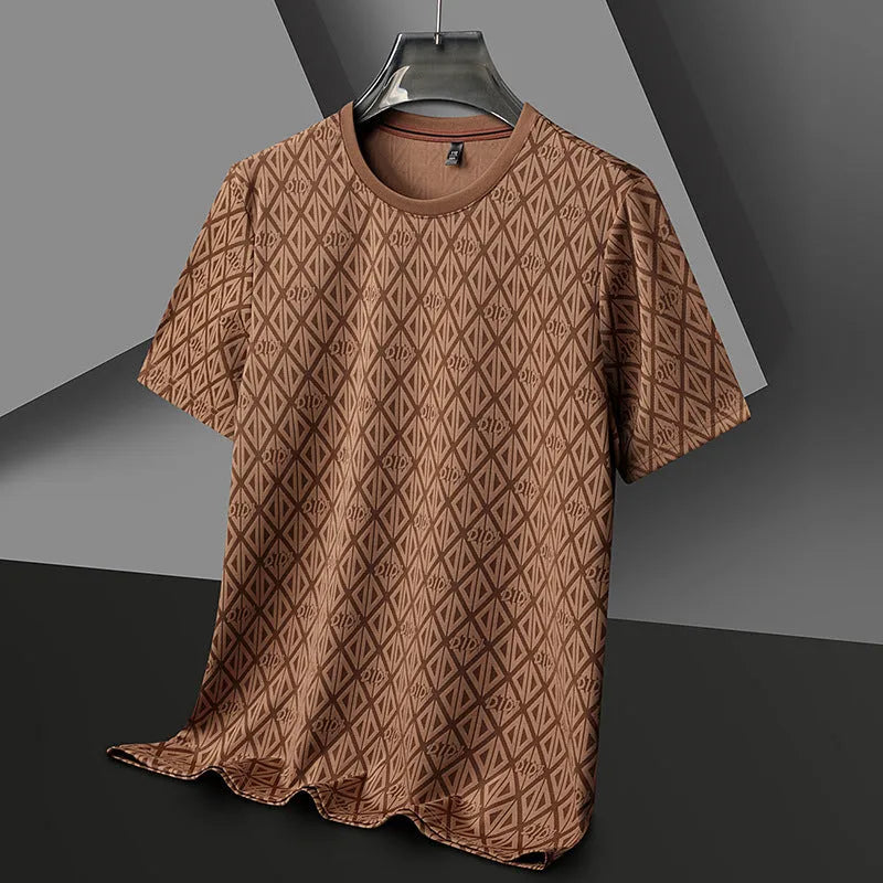 Men's loose fit round neck T-shirt in ice silk fabric with jacquard texture