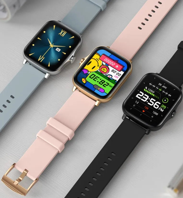 Smart sports watch with blue strap and 1.7-inch colour touch screen displaying time and heart rate.
