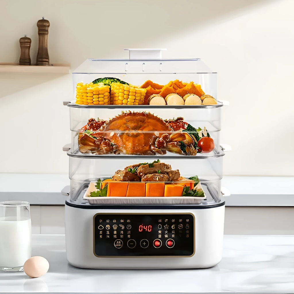 28 litre household electric steamer with stainless steel rack and PP liner, dimensions 420x280x250mm
