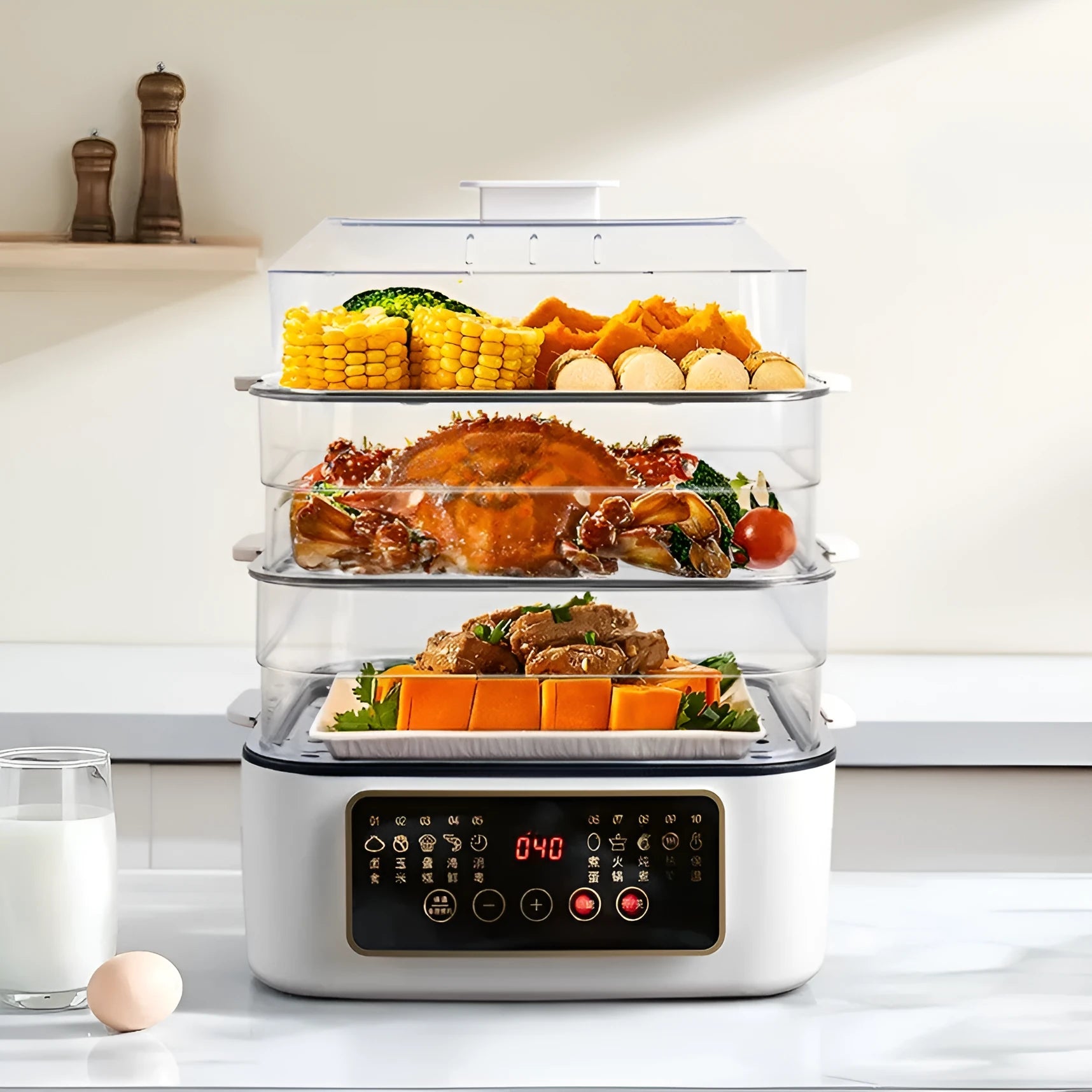 28 litre household electric steamer with stainless steel rack and PP liner, dimensions 420x280x250mm