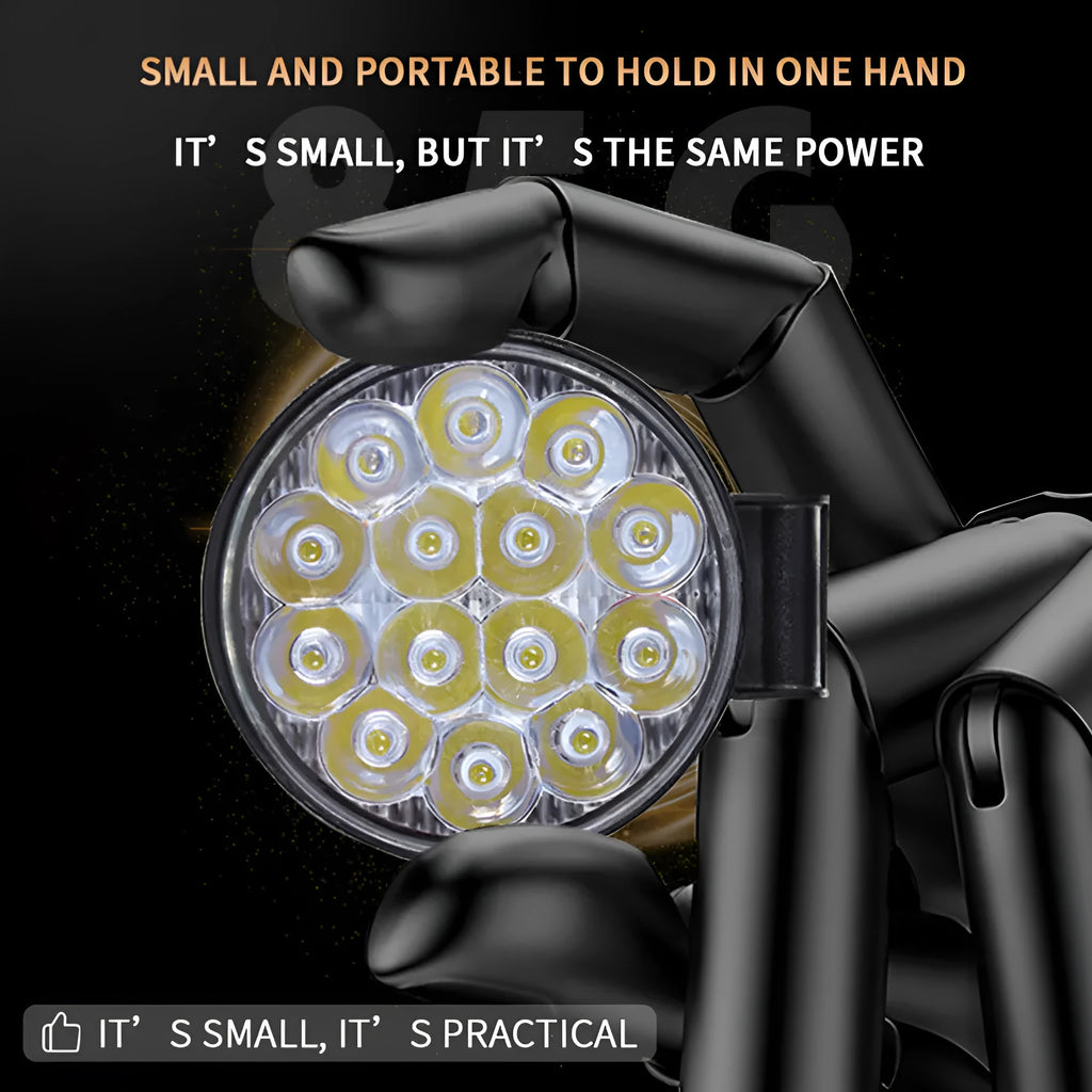 Compact round white LED work light with aluminium housing for car, truck, and off-road use.