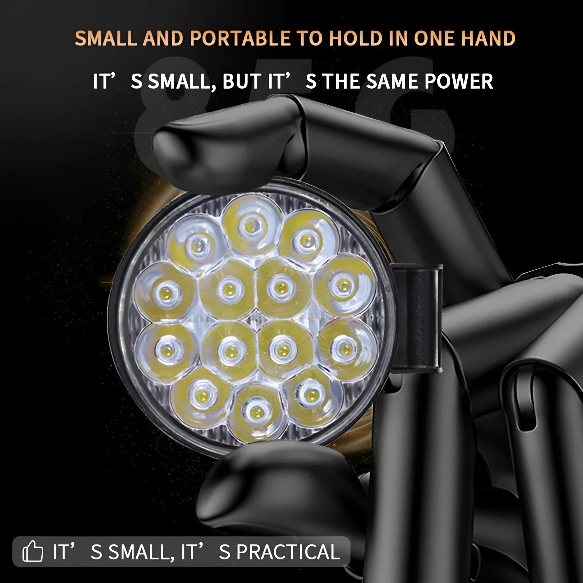 Compact round white LED work light with aluminium housing for car, truck, and off-road use.