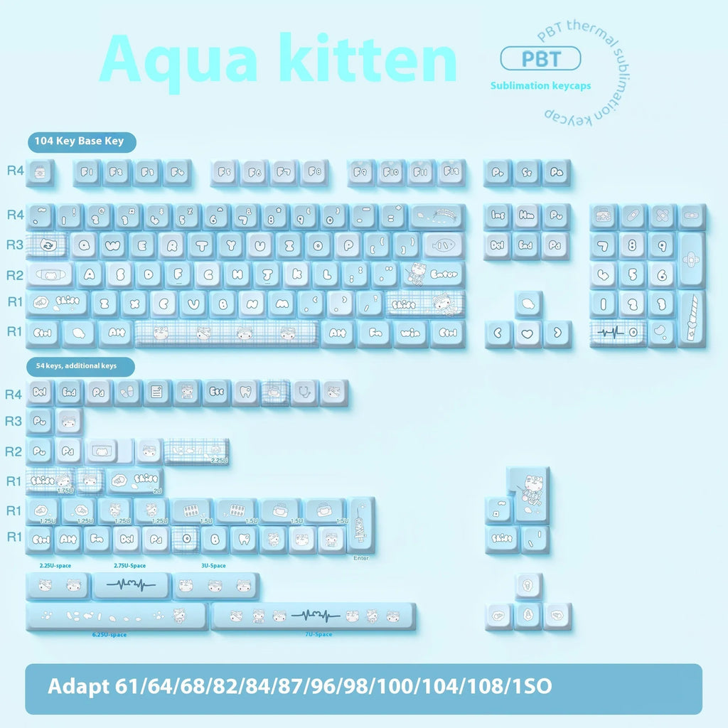 Custom watercolour cat design mechanical keyboard keycaps in 138 or 158 piece full sets