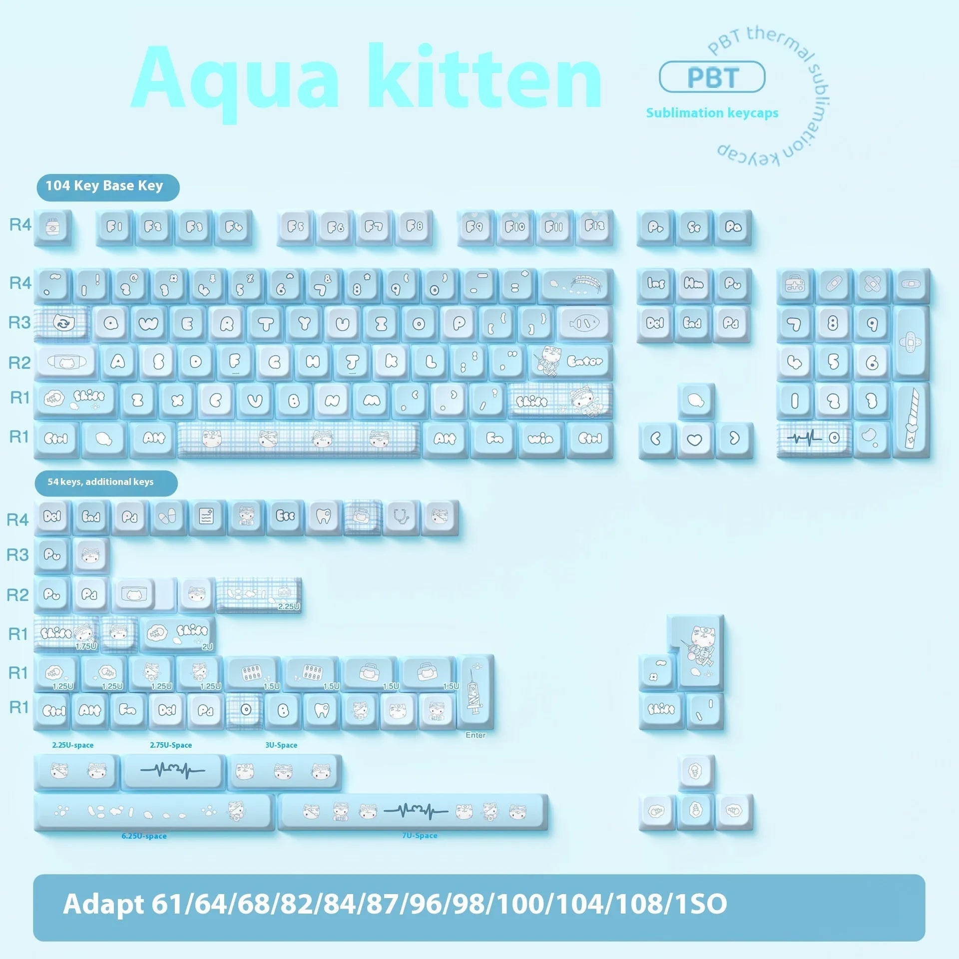 Custom watercolour cat design mechanical keyboard keycaps in 138 or 158 piece full sets
