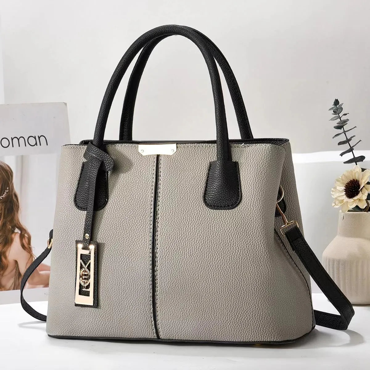 PU fashion shoulder handbag with leather strap in horizontal square design showing colour options