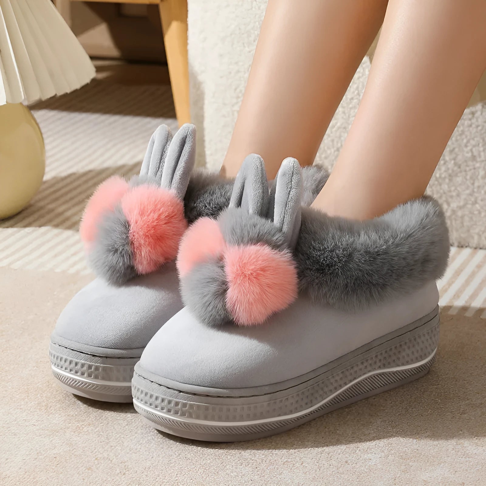 Winter high heel thick-soled slippers in grey with plush upper and TPR non-slip sole