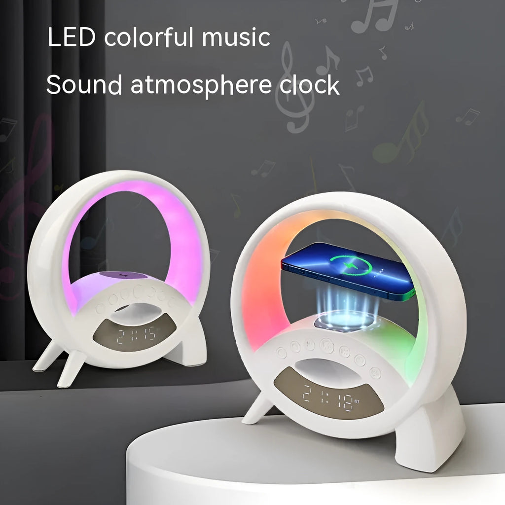 White USB digital alarm clock with night light and speaker showing alarm function and card slot