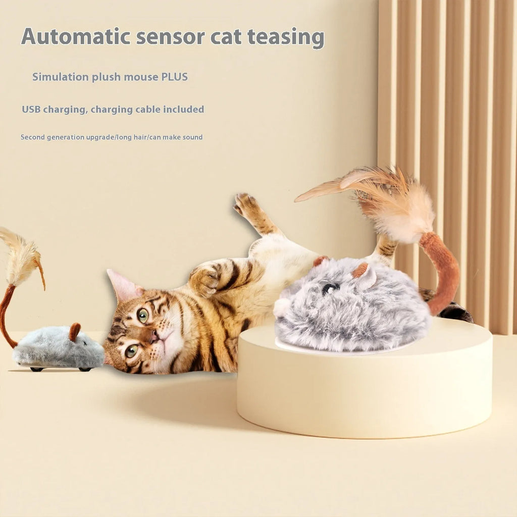 Electric interactive cat toy with rotating pole and moving plush mouse in dark grey, pink, or purple colours