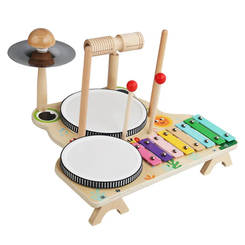 Wooden frog multifunctional drum kit early educational toy set, 33 x 30 x 23cm, in colour box