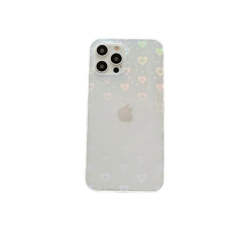 Transparent silicone iPhone case with a laser colourful love design shown on a phone.